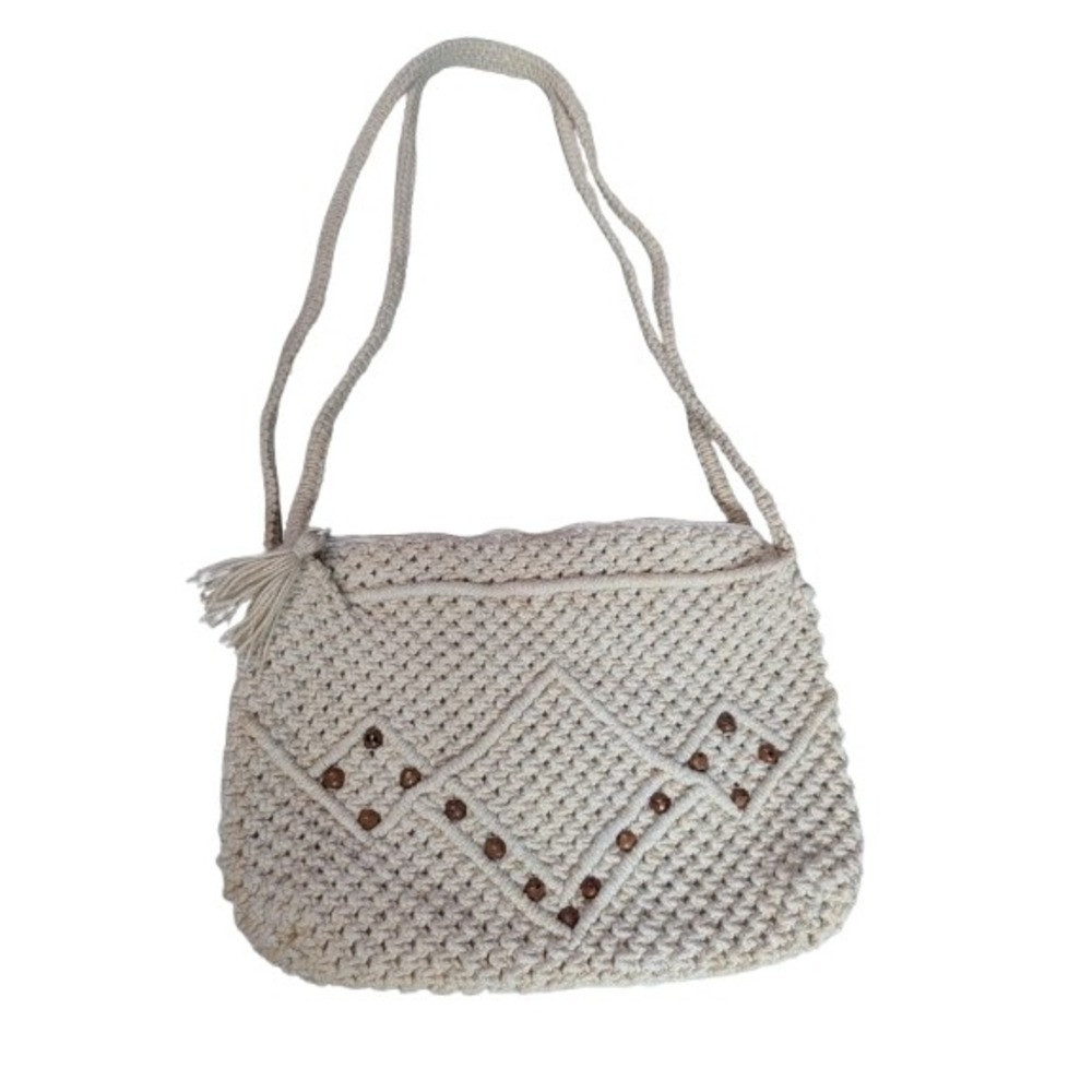 Vintage Boho Macrame Crossbody Bag Wooden Beads Cream Crochet Festival Purse 80s